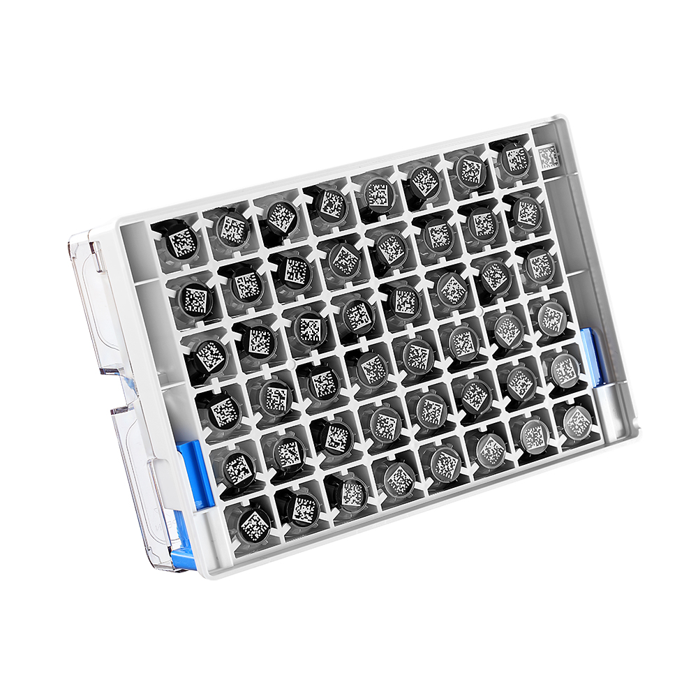 413036 冻存管，三码合一，1.0mL，PP，外旋，φ12.8mm自立式，黑底白码，SBS 6×8盒装，盒子带侧码，底码，灭菌；